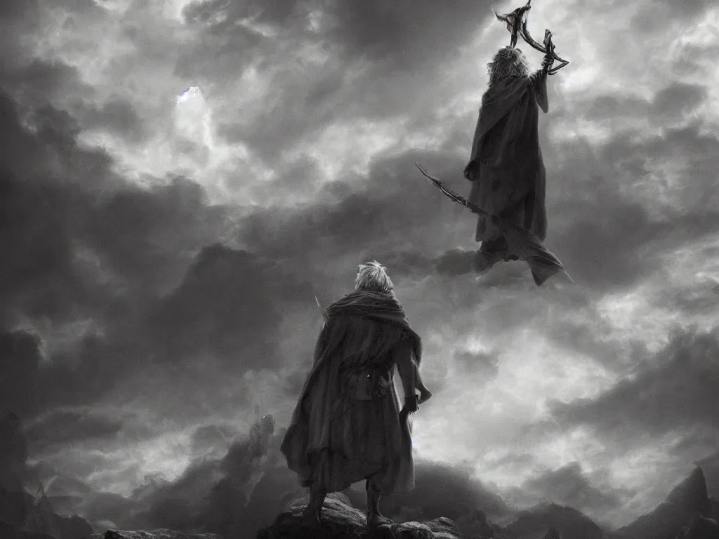 Image similar to Odin the wanderer in a grey cloak with his staff travelling walking on a path with clouds above him, neo-romanticism, norse mythology