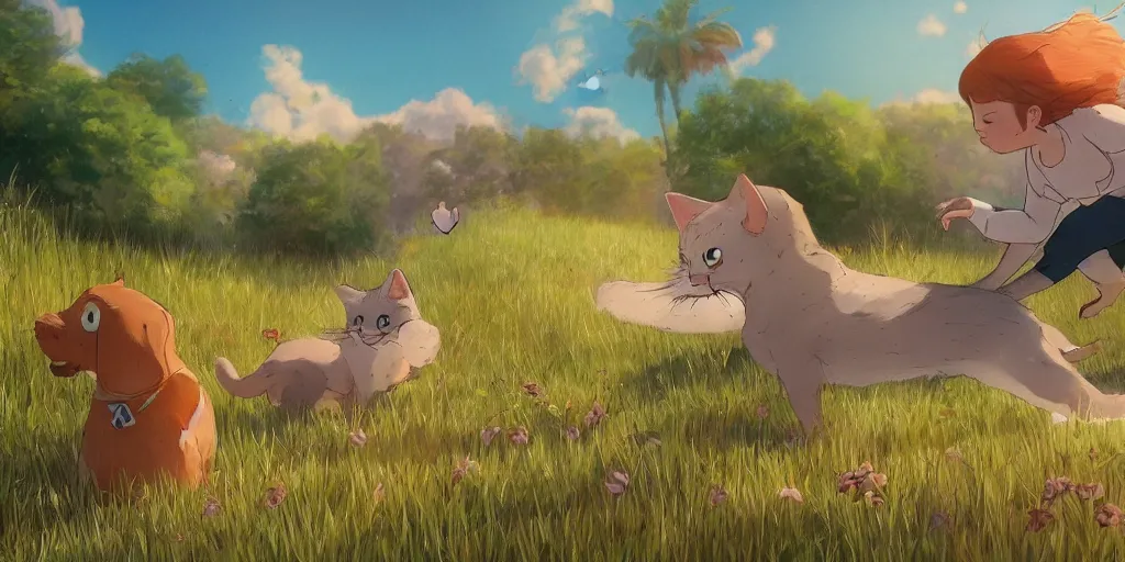 Prompt: cat and dog! playfully chasing butterflies on a beach!, calm evening, in the style of pixar and ghibli!!! and disney, cinematic still, cinematic lighting, highly detailed, intricate, sharp focus, illustration, trending on artstation