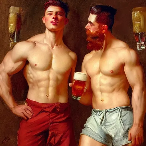 Prompt: attractive muscular male with red hair, shorts, and muscular attractive male with black hair, pants, drinking their hearts out, in a pub. very defined and highly detailed painting by j. c. leyendecker, gaston bussiere, craig mullins 8 k