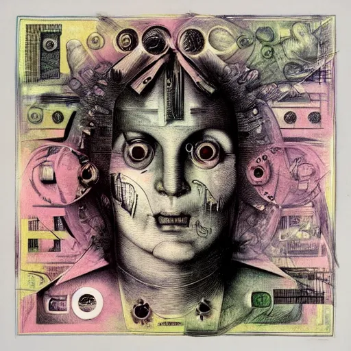 Image similar to post - punk new age album cover, asymmetrical design, dollar bank notes, capitalism, magic, apocalypse, psychedelic, black white pink, magic, giger h. r., giuseppe arcimboldo, peder aalto