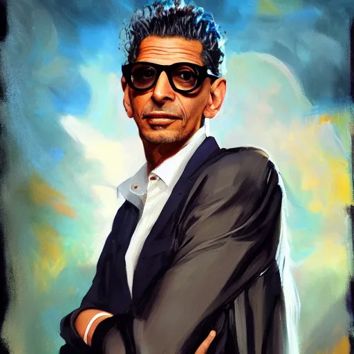 Image similar to greg manchess portrait painting of jeff goldblum as a wizard, medium shot, asymmetrical, profile picture, organic painting, sunny day, matte painting, bold shapes, hard edges, street art, trending on artstation, by huang guangjian and gil elvgren and sachin teng