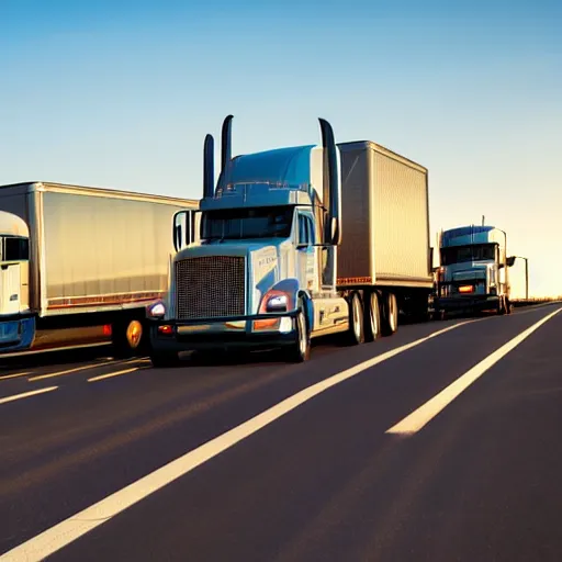 Image similar to an American style fuel transport truck on an interstate highway, high contrast, golden hour, photo from a company website