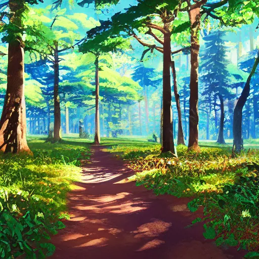 Prompt: deep muddy forest on a sunny day walkway panorama, blooming, very traditional gouache painting gouache by makoto shinkai ghibli studio disney pixar kyoto animation