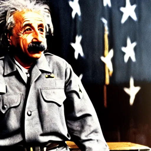 Prompt: Einstein as modern navy soldier, bright colors, film still