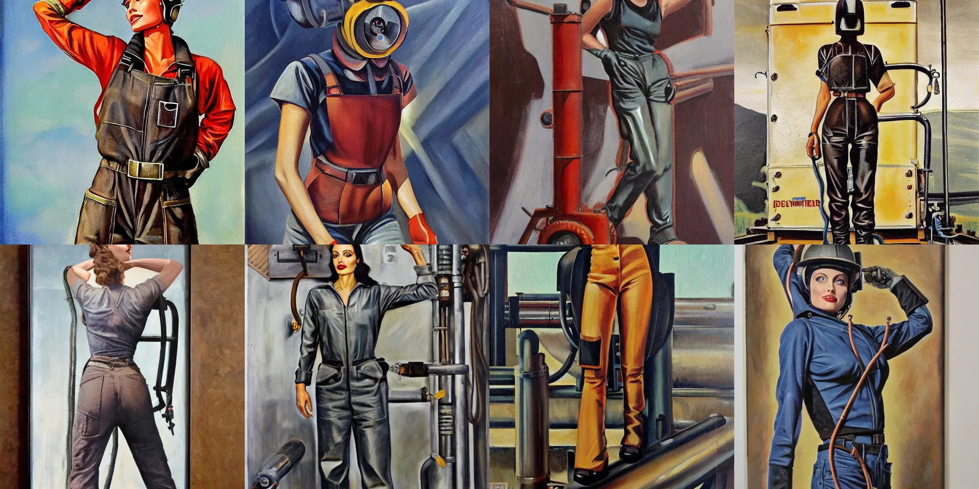 Prompt: symmetrical oil painting of full - body angelina jolie in steelworker welder costume by percevel rockwell - from 1 9 4 0 s