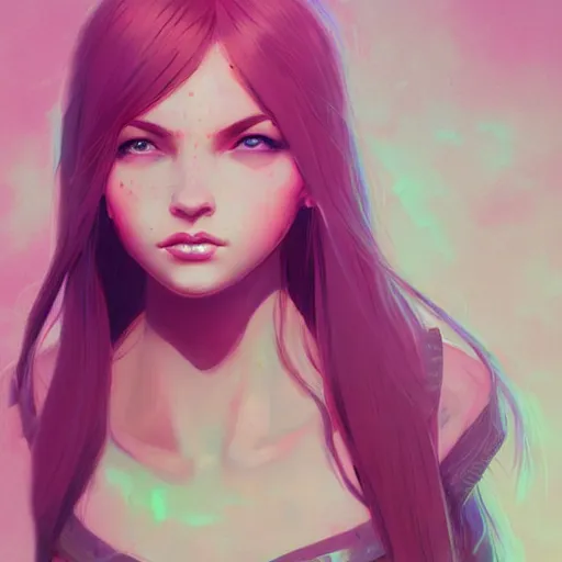 Image similar to girl portrait, elven warrior princess, head and shoulders, matte print, pastel pink, neon highlights, digital art, cute freckles, digital painting, fan art, elegant, pixiv, by Ilya Kuvshinov, daily deviation, IAMAG