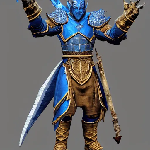 Image similar to photorealistic blue dragonborn cleric of a storm god, dungeons and dragons, lightning, tempest shield, holy