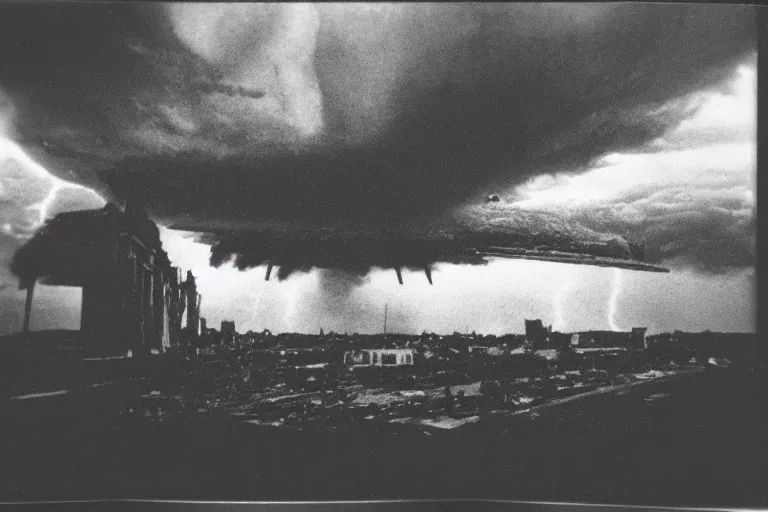 Prompt: dark old polaroid of an ufo flying above an destroyed city during a thunderstorm, pictorialism, fallout, desolate, wide angle, award winning