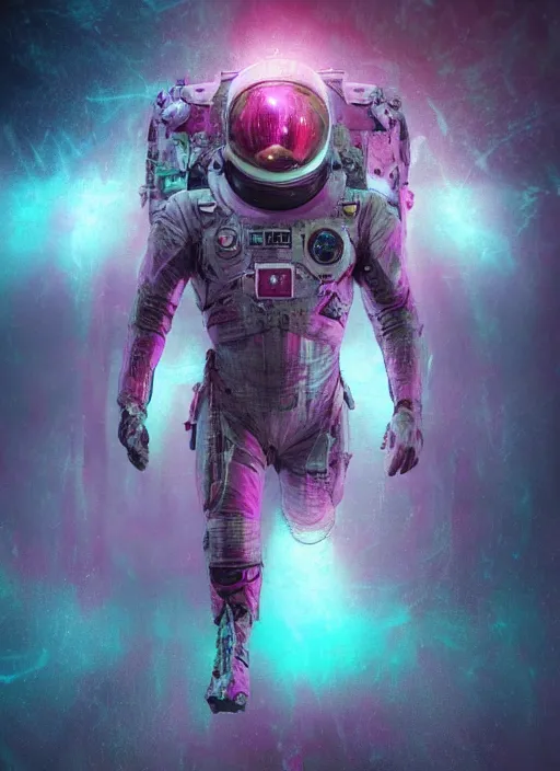 Image similar to pink concept art by craig mullins astronauts in futuristic dark and empty spaceship underwater. complex and hyperdetailed technical suit. mandelbulb fractal. reflection and dispersion materials. rays and dispersion of light. volumetric light. 5 0 mm, f / 3 2. noise film photo. flash photography. octane render. interstellar movie art