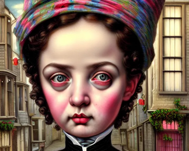 Prompt: closeup profile portrait of victorian london streets, mark ryden, lostfish, max fleischer, hyper realistic, artstation, illustration, digital paint, matte paint, vivid colors, bright, cheerful, detailed and intricate environment