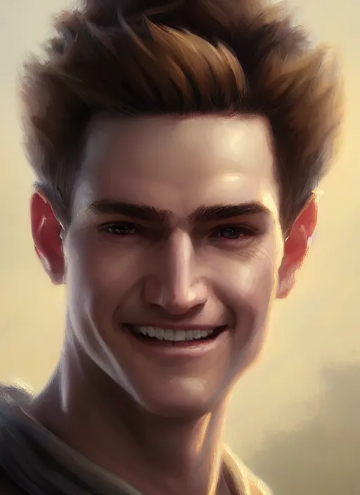 Image similar to a _ fantasy _ style _ portrait _ painting _ of white male short fringe light brown hair short head smiling clean shaven round face rpg dnd oil _ painting _ unreal _ 5 _ daz. _ rpg _ portrait _ extremely _ detailed _ artgerm _ greg _ rutkowski _ greg