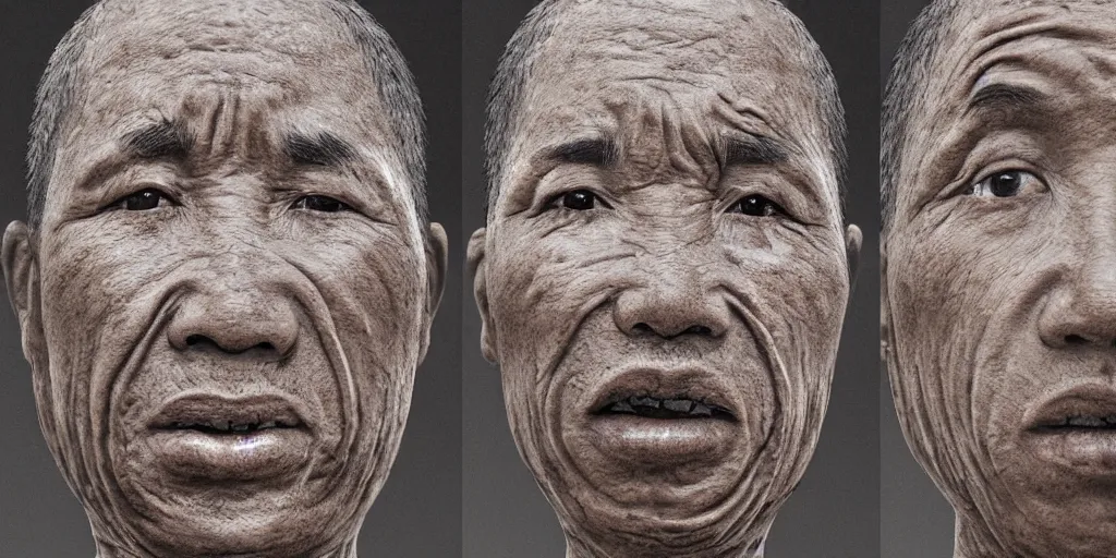 Image similar to photorealistic fossilised bronze sculpture face portrait of chinese uyghur muslim prisoner, wearing victorian rags, elite, disfigured, drooling, moist, unnatural movement, they are unhappy, bizzaro, renaissance, by emedios varo and anato finnstark and fenghua zhong and giacometti, hyperrealism, 8 k, 3 d, masterpiece, texture