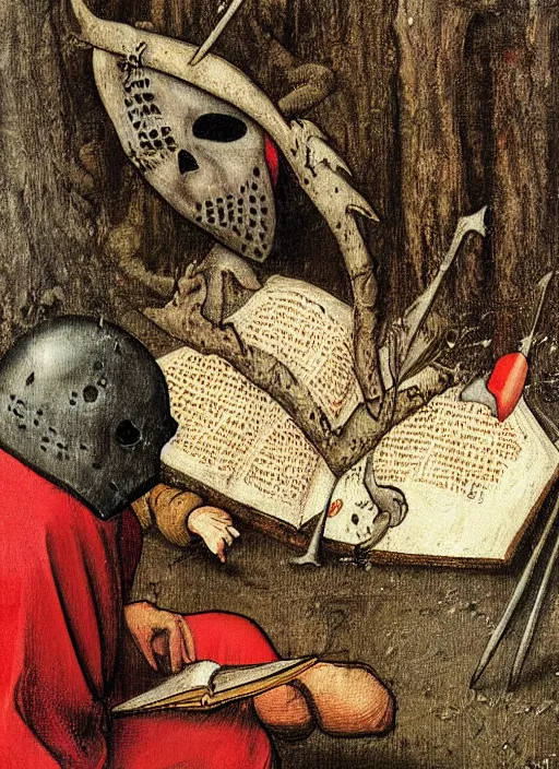 Image similar to medieval Jason Voorhees reading a book painted by hieronymus bosch, detailed digital art, trending on Artstation