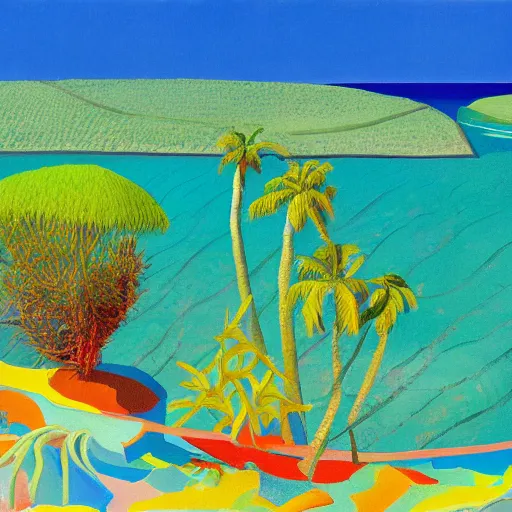 Prompt: painting of a small, tropical island in the middle of the ocean, David Hockney, colorful