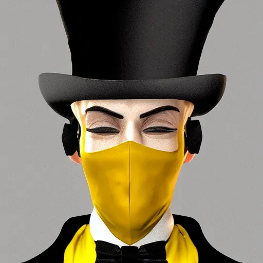 Image similar to a highly detailed portrait of a man in a high top hat covering his face, in a black tailcoat with a yellow waistcoat under the tailcoat, artstation, deviantart, professional, unreal engine 5, photorealistic