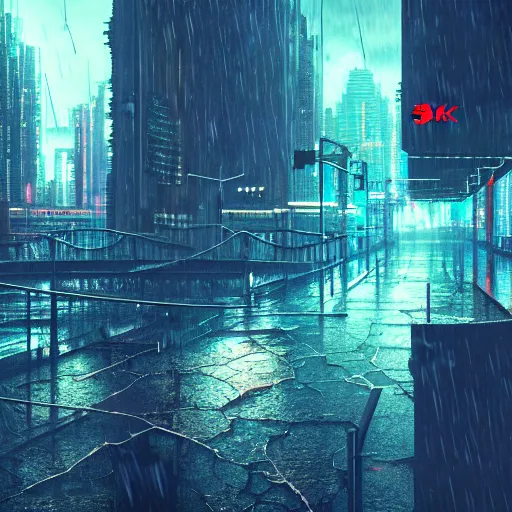 Image similar to 8 k artstation photograph rainy city cracked and crumbling into the ocean with scifi cyberpunk aesthetic hyper realistic aerial view