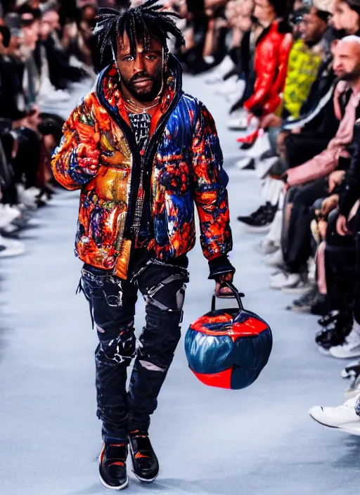 Image similar to hyperrealistic and heavy detailed moncler runway show of lil uzi vert, leica sl 2 5 0 mm, vivid color, high quality, high textured, real life