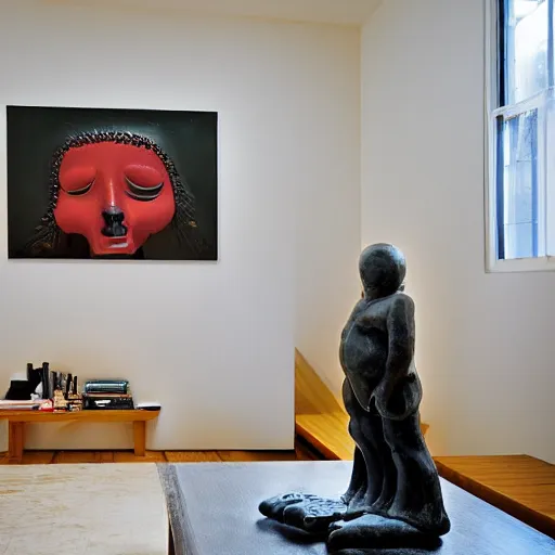 Image similar to A photograph by Juergen Teller of a demonic sculpture by Tadanori Yokoo in a living room by Mariko Mori, XF IQ4, 150MP, 50mm, f/1.4, ISO 200, 1/160s, natural light, Adobe Photoshop, Adobe Lightroom, DxO Photolab, Corel PaintShop Pro, rule of thirds