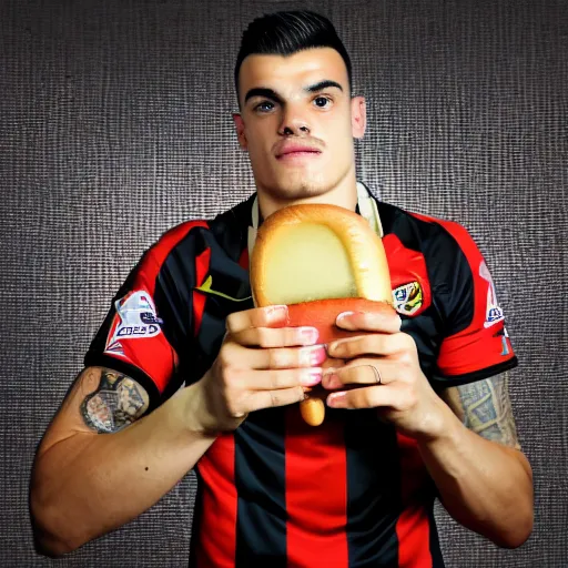 Prompt: a promo portrait of granit xhaka holding a delicious hot dog with mustard and ketchup up to the camera, happy, hyper detailed, fisheye lense, reuters