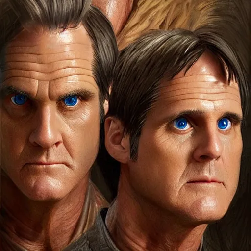 Image similar to hydra of lerna with two heads, one head is jim carey as lloyd christmas, the other head is jeff daniels as harry dunne ( from dumb and dumber ), serpentine water monster, d & d, fantasy, portrait, highly detailed, digital painting, trending on artstation, concept art, sharp focus, illustration, art by artgerm and craig mullins