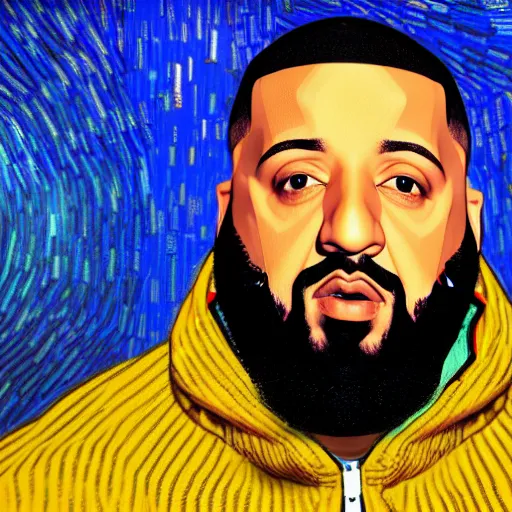 Image similar to ultra realistic portrait of dj khaled in a studio, ultra detailed, under blue, red and yellow cinematic lighting, by van gogh, cartoon, monument valley, escher