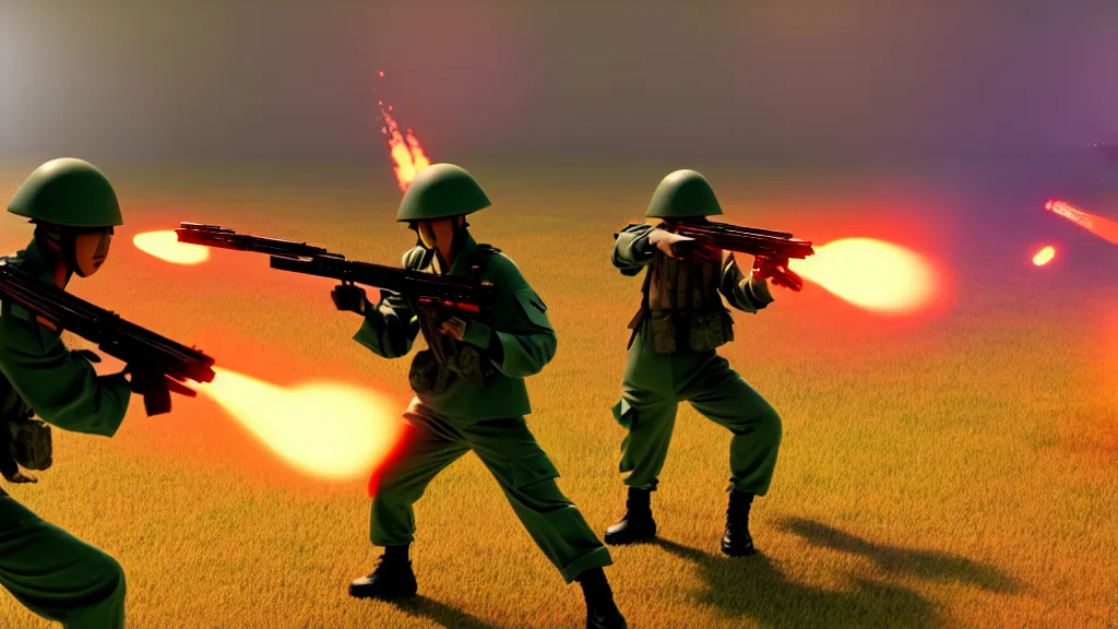 Prompt: two futuristic japanese soldiers firing away from the camera, eye catching composition, realistic, unreal engine 5, global illumination, detailed environment, bright colours, cinematic, atmosphere, 4 k