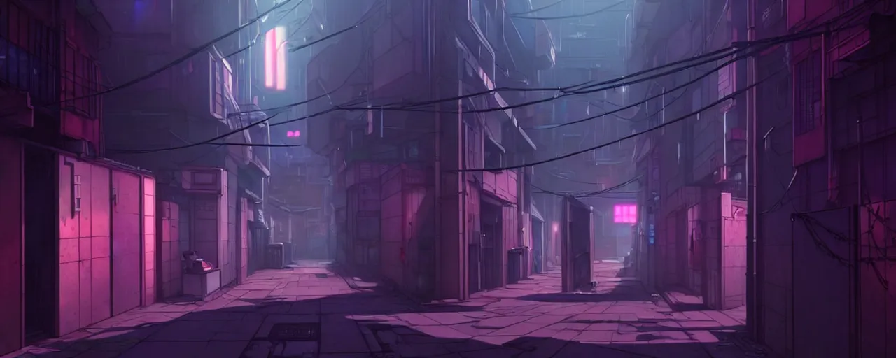 Image similar to a close up of a city alleyway in the atmospheric cyberpunk anime film, gouache matte background painting, neon noir, at night with lights, by makoto shinkai, in the anime series ergo proxy, beautiful specular edge highlights and rim lighting