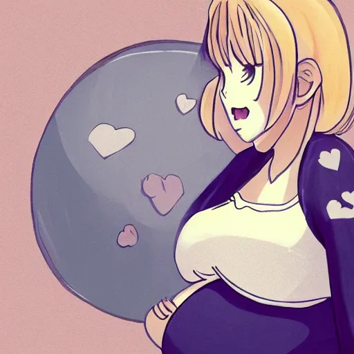 Image similar to cute pregnant girl with big pregnant belly, baby is kicking inside, high quality art in anime style, trending on pixiv