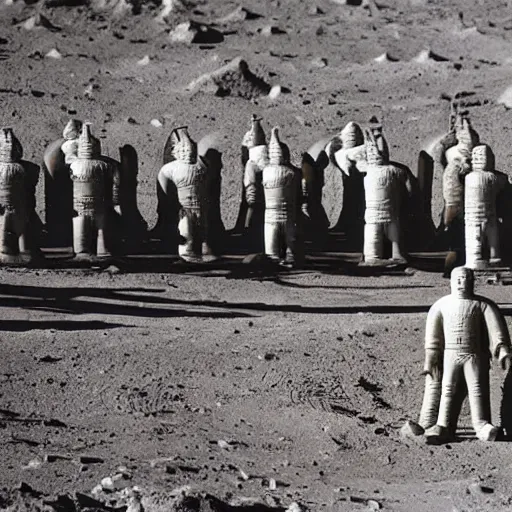 Prompt: full - color 1 9 7 2 photo of dozens of terra - cotta warrior sculptures being excavated from a buried ancient alien temple on the moon by archaeologists wearing space - suits at a dig - site. high - quality professional journalistic photography from time magazine.