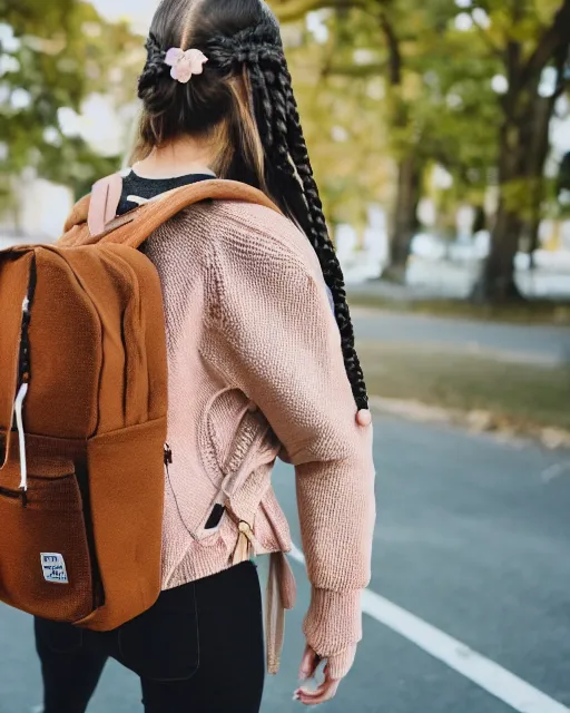 Prompt: woman with plaits, wearing knit sweater and backpack