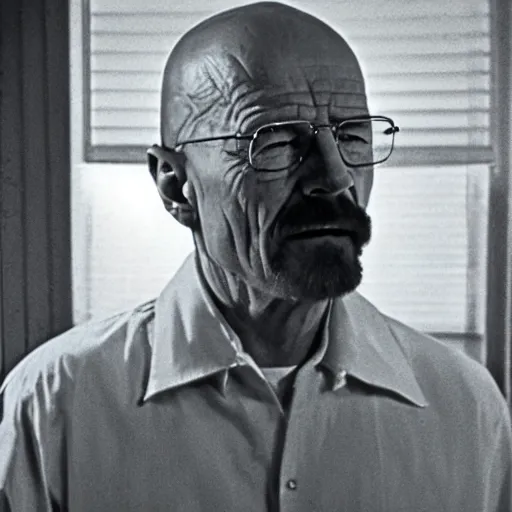 Prompt: Film still of Walter White in a 1970's horror movie.