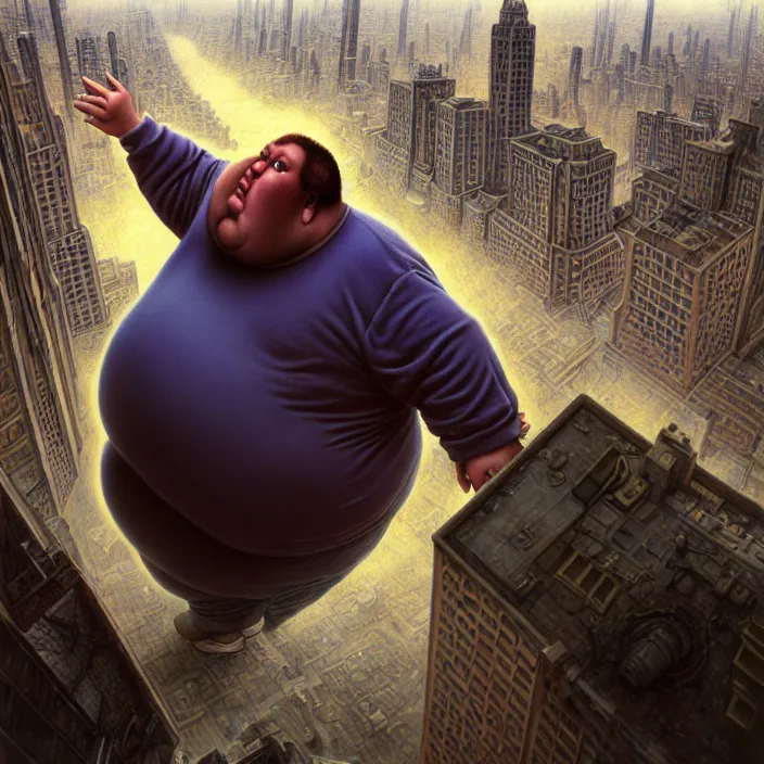 Image similar to hyperrealistic mixed media portrait of a giant moridly obese man crushing a helpless city under his feet, despair, depressing and hopeless vibe, stunning 3d render inspired art by P. Craig Russell and Barry Windsor-Smith + perfect facial symmetry + dim volumetric lighting, 8k octane beautifully detailed render, post-processing, extremely hyperdetailed, epic composition, grim yet sparkling atmosphere, cinematic lighting + masterpiece, trending on artstation