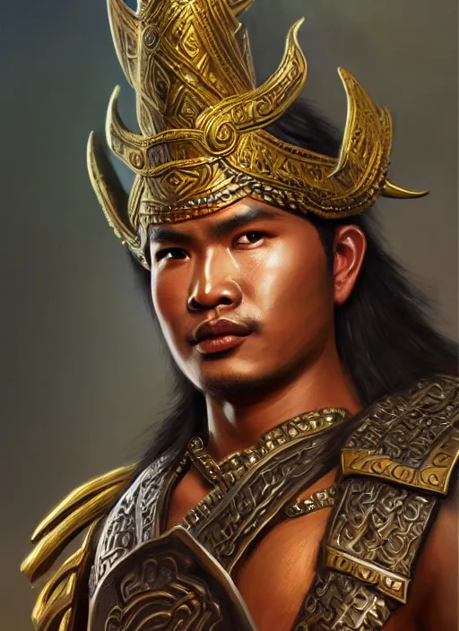 Image similar to smart tai warlord, closeup portrait, historical hero, ethnic group, khmer costume, khmer art bronze headdress, intricate, with leather armor cross on bare chest, elegant, loin cloth, highly detailed, oil painting, artstation, concept art, matte, sharp focus, illustration, hearthstone, art by earl norem