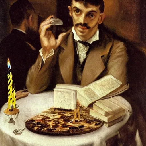 Image similar to man in suit eating a beautiful birthday cake by el greco, remedios vary, salvador dali, carl gustav carus, john atkinson grimshaw. high detail, great lighting, 8 k resolution, masterpiece, concept art, illustration