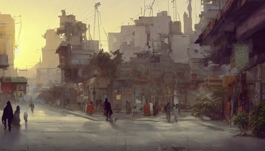 Prompt: jeddah city street, roshan, shops, a bright pharmacy, a nomad wearing a worn out coat, plants, tree, dramatic lighting, by caspar david friedrich by james gilleard and justin gerard, centered, artstation, smooth, sharp focus, by jean baptiste monge, octane render