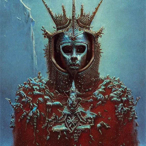 Image similar to ice lord, full body, wearing icy ornamented armor, wearing ice royal crown war helm, beksinski