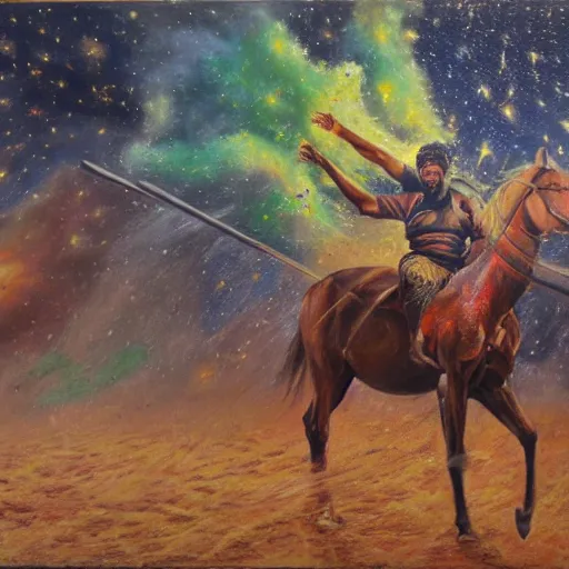 Image similar to portrait of head and body, single bangla farmer fighting, hand to hand combat with machete, full body view, long flowing hair, fighting for his life, nebula aura surrounding subject, horseback combat attacker foreground, islamic revolution, mongolian invasion of iraq, background of invading army, nestor canavarro hyperrealist art style, sharp brushstrokes