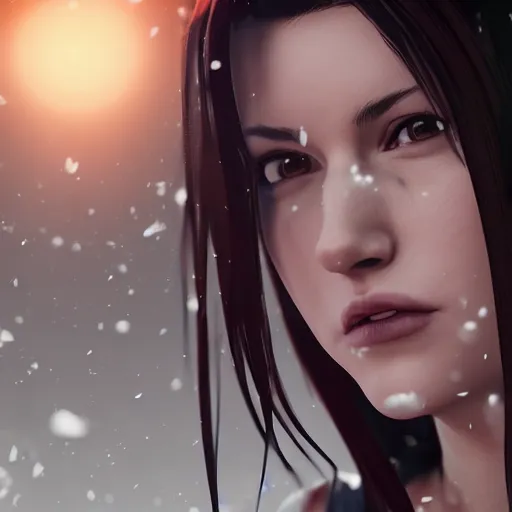 Image similar to A comic book style portrait painting of a Tifa Lockheart in a winter landscape, unreal 5, DAZ, hyperrealistic, octane render, RPG portrait, ambient light, dynamic lighting