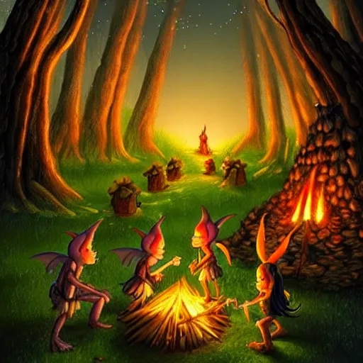 Prompt: goblins, imps, fairies and fireflies in a fantasy world, forest clearing with a campfire at night, epic fantasy style art