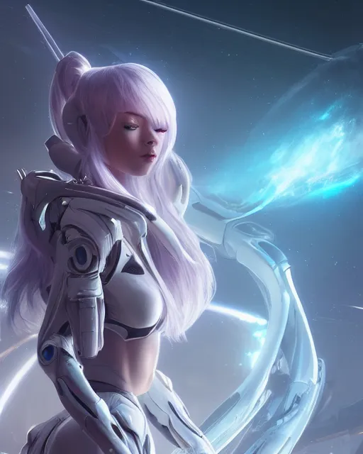 Image similar to perfect android girl on a mothership, warframe armor, beautiful face, scifi, futuristic, galaxy, nebula, raytracing, dreamy, long white hair, blue cyborg eyes, sharp focus, cinematic lighting, highly detailed, artstation, divine, by gauthier leblanc, kazuya takahashi, huifeng huang