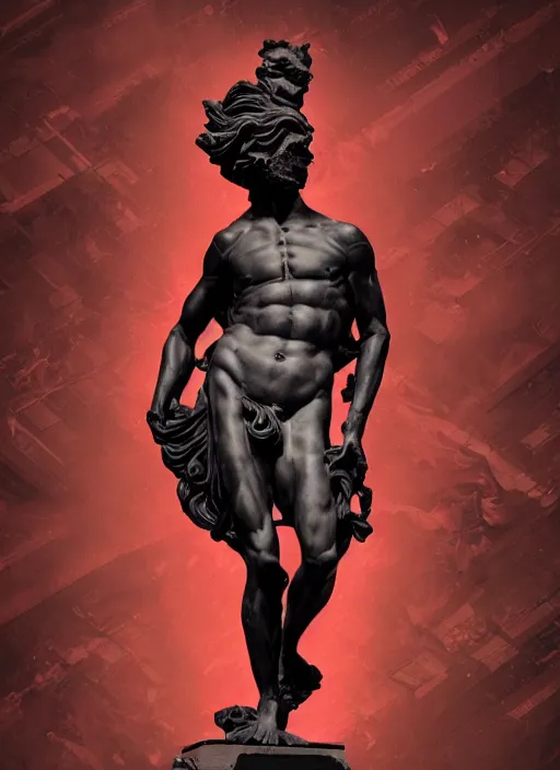 Prompt: black background with very subtle red and purple design elements, statue of laocoon and his sons, powerful, nekro, graphic design, collage art, thin lines, dark, glitch art, neo vaporwave, gritty, layout frame, square, trending on artstation