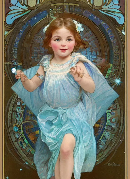 Image similar to a cute little girl with a round cherubic face, blue eyes, and short wavy light brown hair smiles as she floats in space with stars all around her. she is wearing a turquoise dress. beautiful painting with highly detailed face by alphonse mucha and artgerm and greg rutkowski