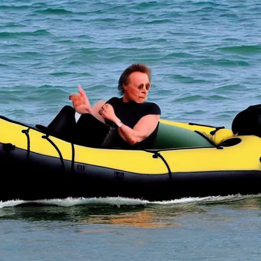 Prompt: christopher walken, rumham, inflatable boat in ocean