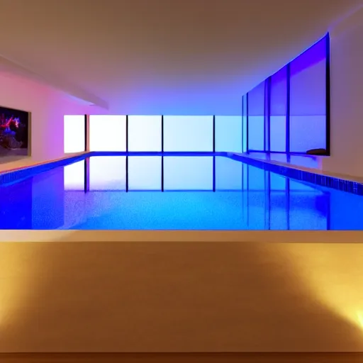 Image similar to philips hue led strip lighting, swiming pool, scene, colourful, 8 k, unreal engine, realistic, house and home,