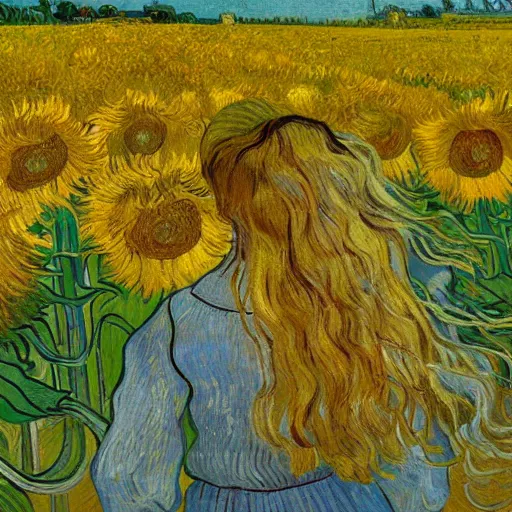 Image similar to a girl in amazing tall sunflower field, her hair flowing down, subtle, intricate details, real masterpiece, oil on canvas, by vincent van gogh