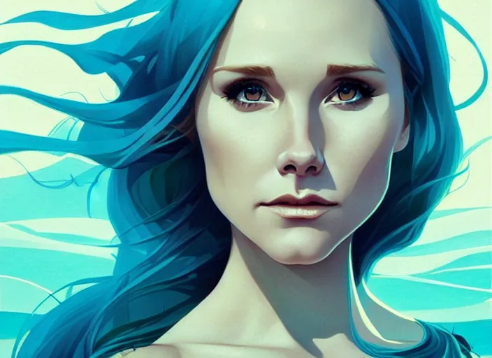 Image similar to style artgerm, joshua middleton, beautiful kristen bell with green dress, very long blue hair, symmetrical face, symmetrical eyes, water powers water swirling, detailed, beach setting, cinematic lighting