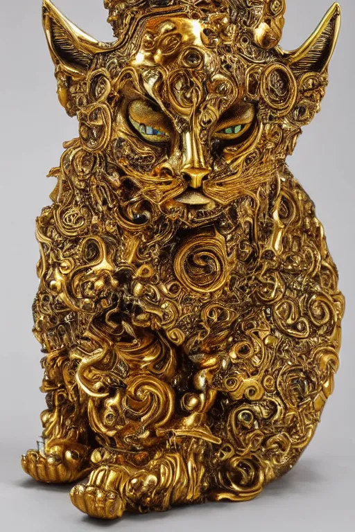 Image similar to a cinematic view of a ornated intricate cat goddess statue made by hedi xandt, realistic, macabre art, stained dried cracked skin, using gold ornaments detailed image