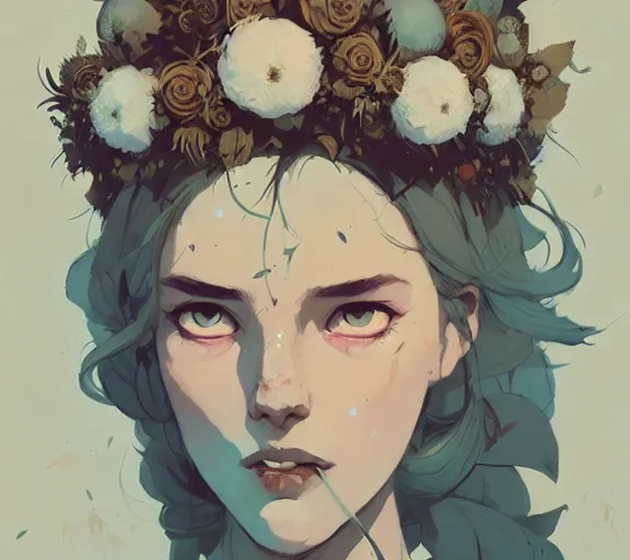 Image similar to portrait of forest godess with flower crown, by atey ghailan, by greg rutkowski, by greg tocchini, by james gilleard, by joe fenton, by kaethe butcher, by ashley wood, dynamic lighting, gradient light blue, brown, blonde cream and white color scheme, grunge aesthetic