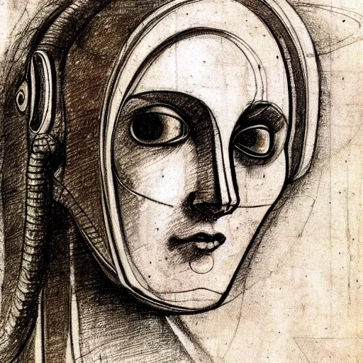 Prompt: sketches of a cyborg female by leonardo davinci