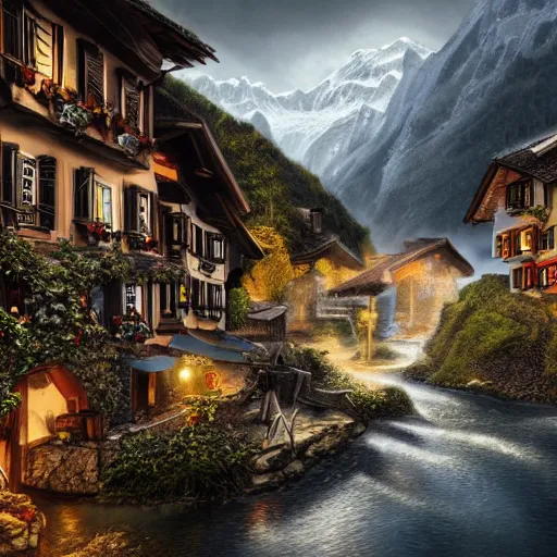 Image similar to Switzerland, high resolution fantasy concept art, realistic, intricate details, soft lighting